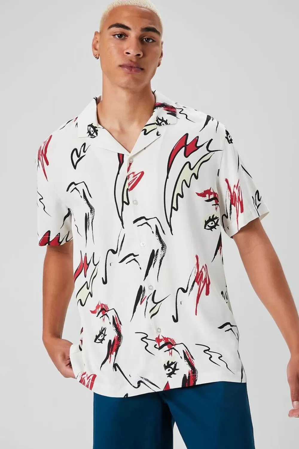 Tops>Forever 21 Abstract Doodle Print Shirt Cream/Multi