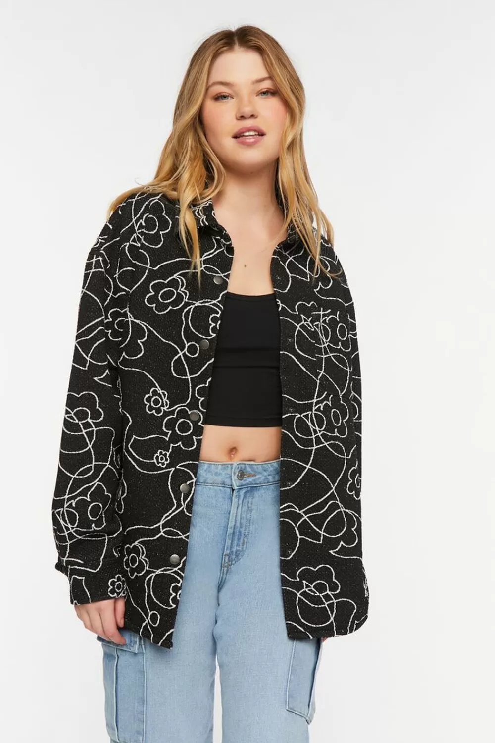 Jackets + Outerwear>Forever 21 Abstract Floral Print Jacquard Shacket Black/Cream