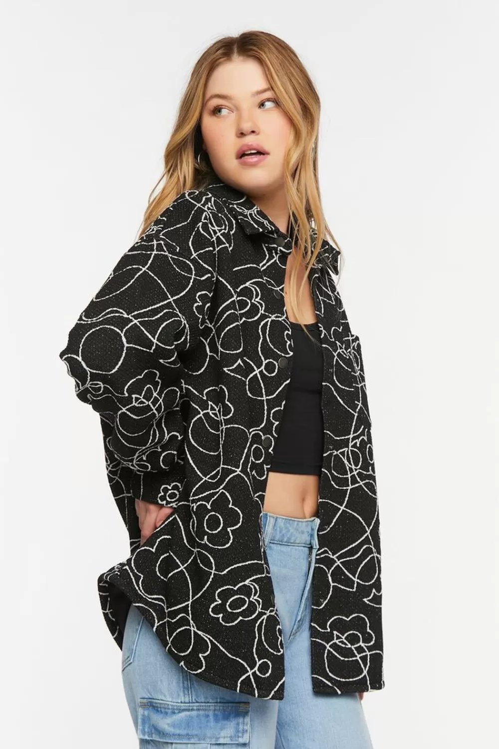 Jackets + Outerwear>Forever 21 Abstract Floral Print Jacquard Shacket Black/Cream