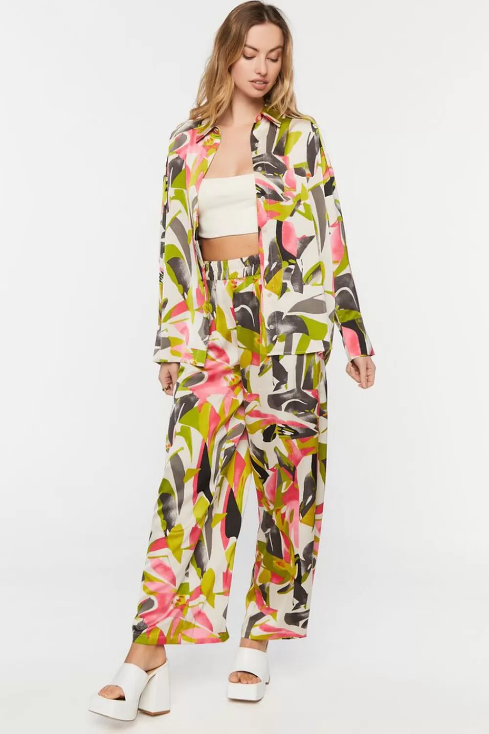 Matching Sets>Forever 21 Abstract Floral Wide-Leg Pants Green Apple/Multi