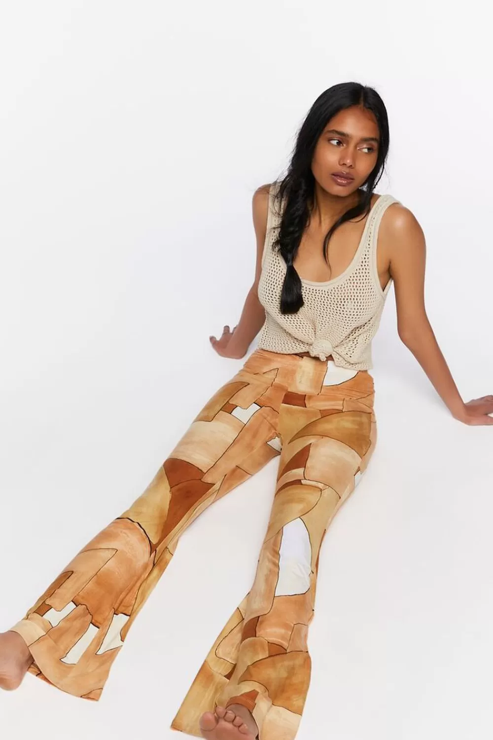 Bottoms>Forever 21 Abstract Geo Print Flare Pants Tan/Multi