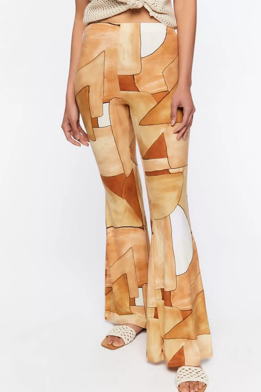 Bottoms>Forever 21 Abstract Geo Print Flare Pants Tan/Multi