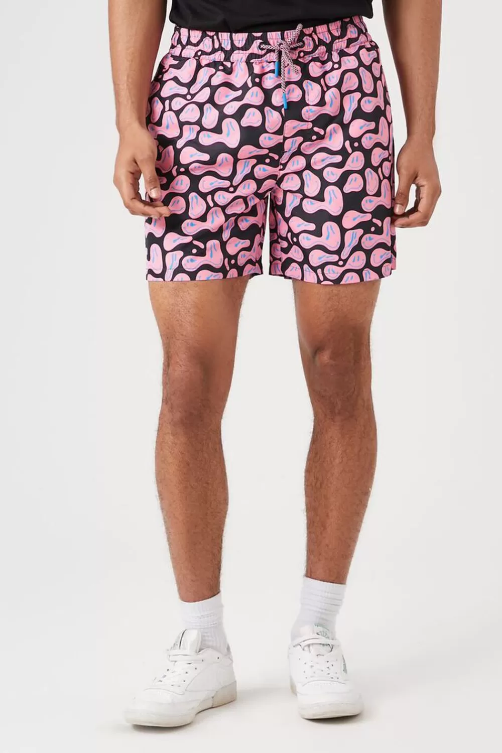 Bottoms>Forever 21 Abstract Happy Face Swim Trunks Black/Multi