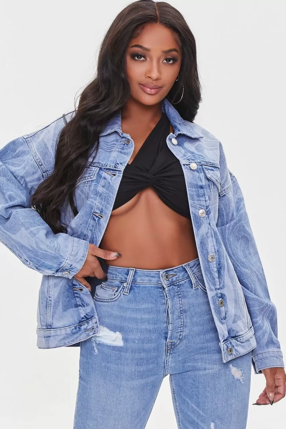 Matching Sets>Forever 21 Abstract Print Denim Jacket Medium Denim/White