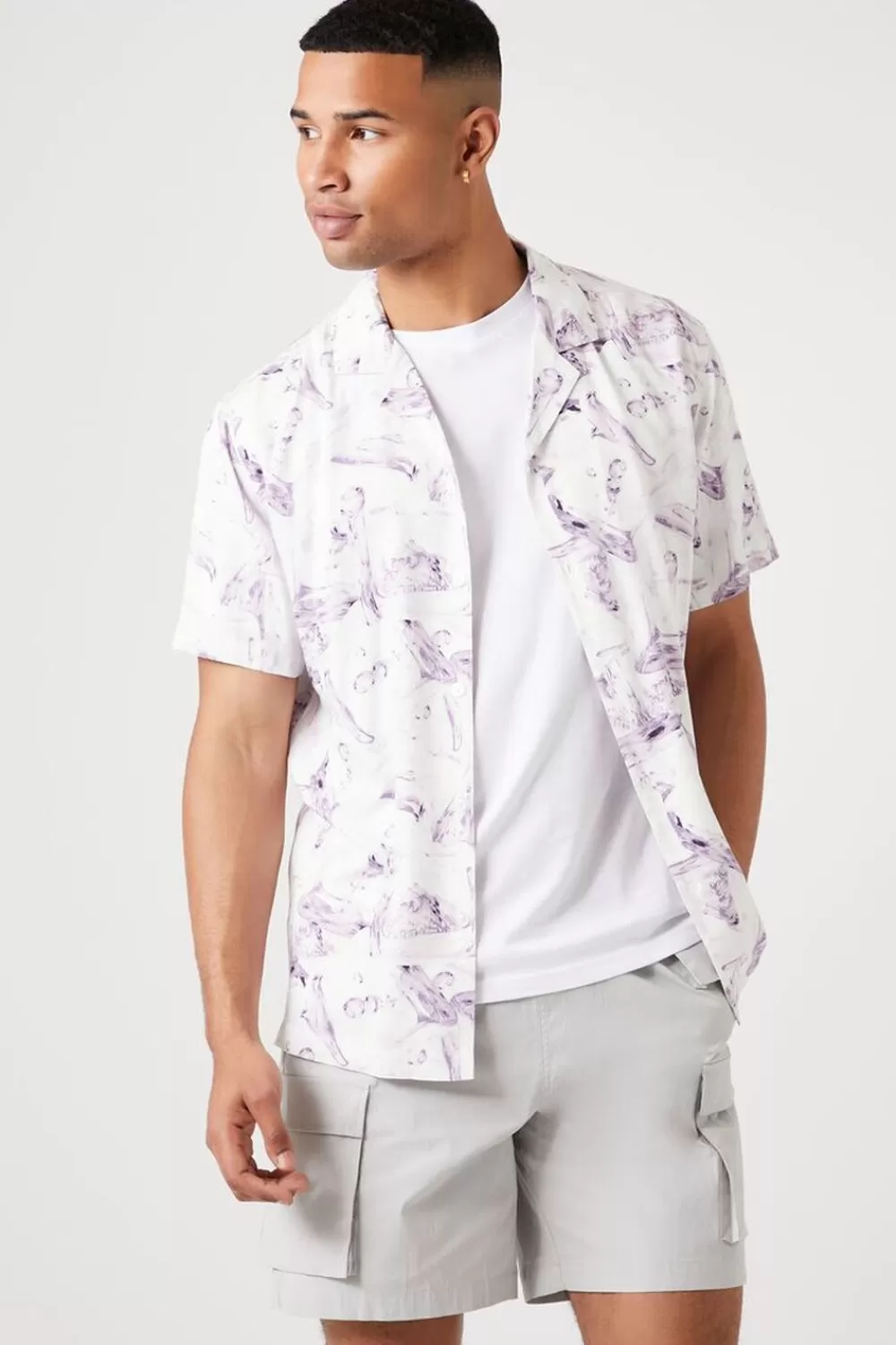 Tops>Forever 21 Abstract Print Rayon Shirt White/Orchid