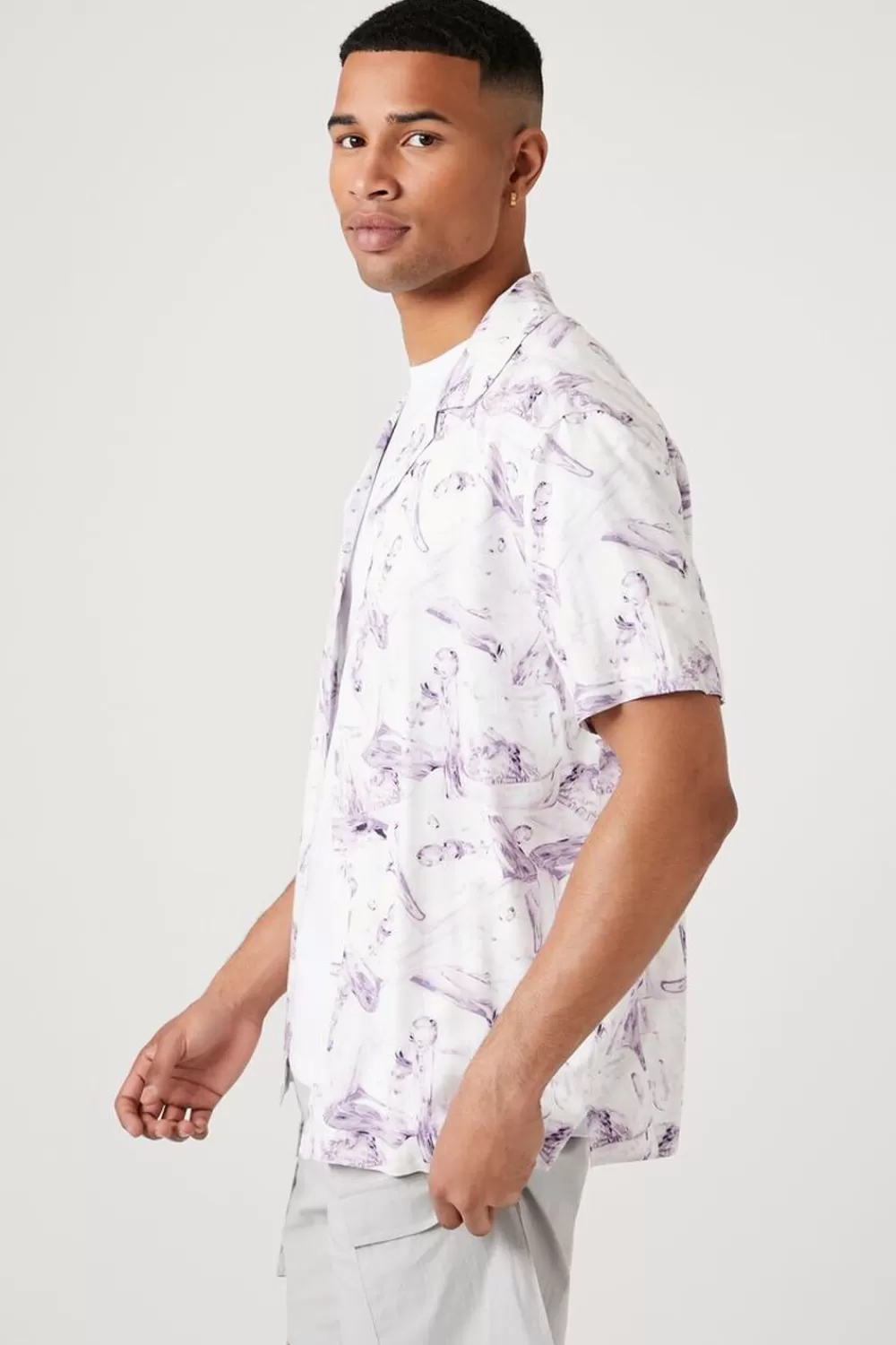 Tops>Forever 21 Abstract Print Rayon Shirt White/Orchid