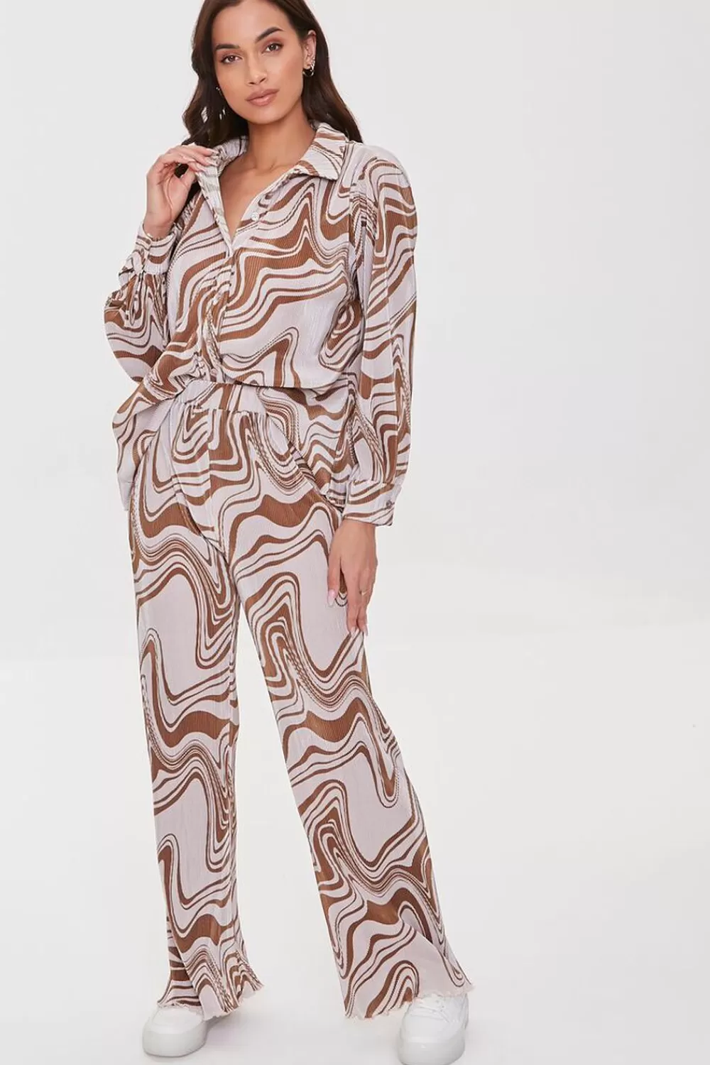 Bottoms>Forever 21 Abstract Print Wide-Leg Pants Tan/Multi