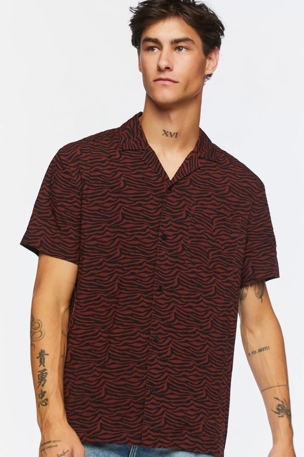 Tops>Forever 21 Abstract Zebra Short-Sleeve Shirt Brown/Multi