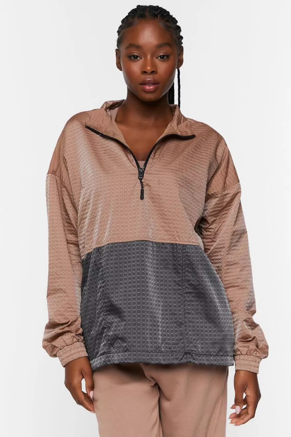 Jackets + Outerwear>Forever 21 Active Colorblock Half-Zip Pullover Ash Brown/Black