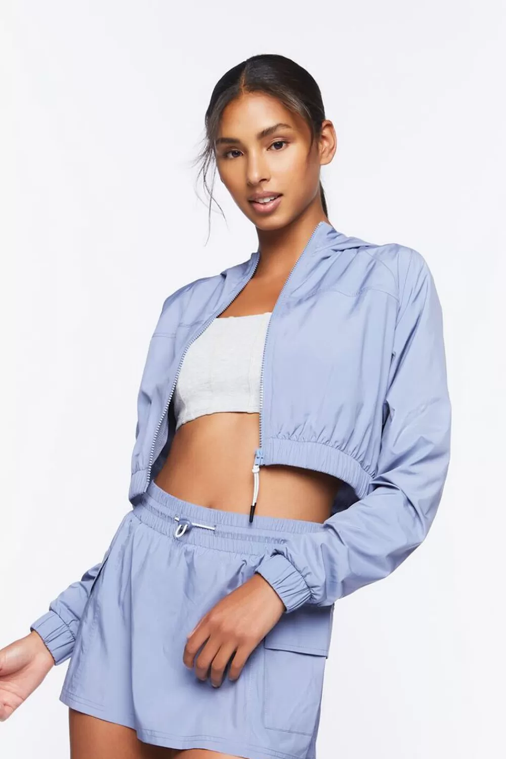 Jackets + Outerwear>Forever 21 Active Cropped Windbreaker Jacket Blue Mirage