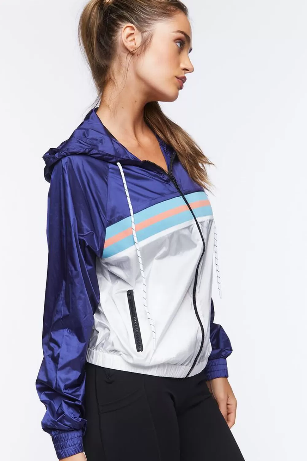 Jackets + Outerwear>Forever 21 Active Hooded Windbreaker Jacket Navy/White