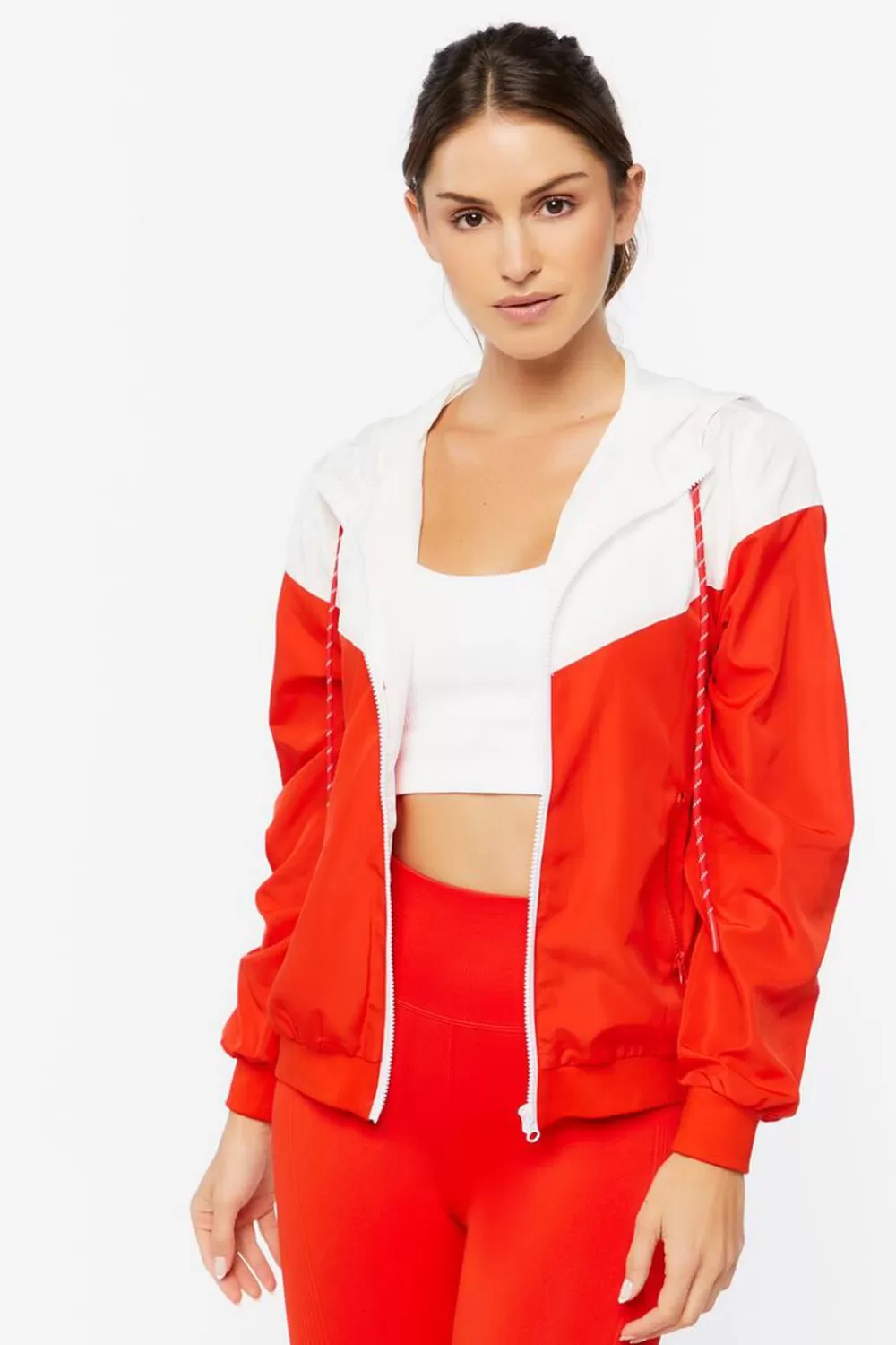 Jackets + Outerwear>Forever 21 Active Hooded Zip-Up Windbreaker Jacket Fiery Red/White