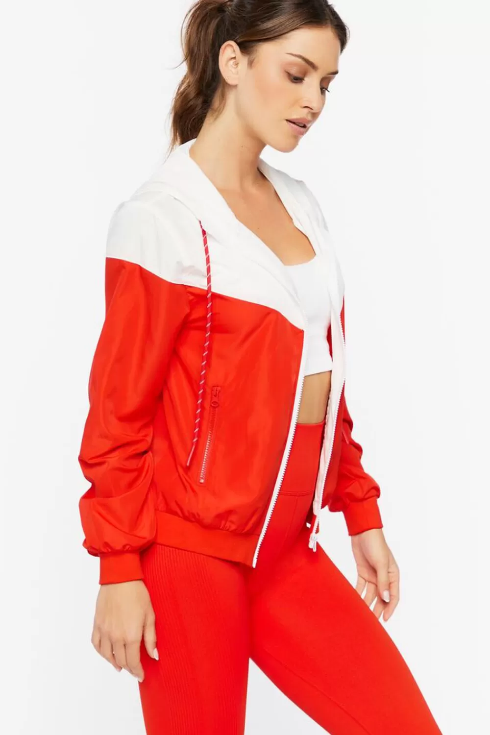 Jackets + Outerwear>Forever 21 Active Hooded Zip-Up Windbreaker Jacket Fiery Red/White