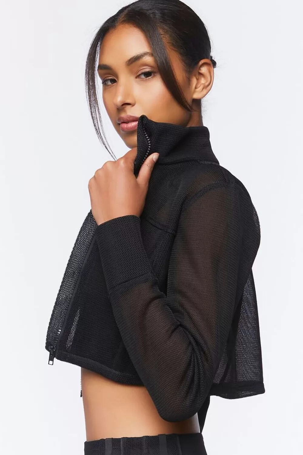 Jackets + Outerwear>Forever 21 Active Mesh Zip-Up Cropped Jacket Black
