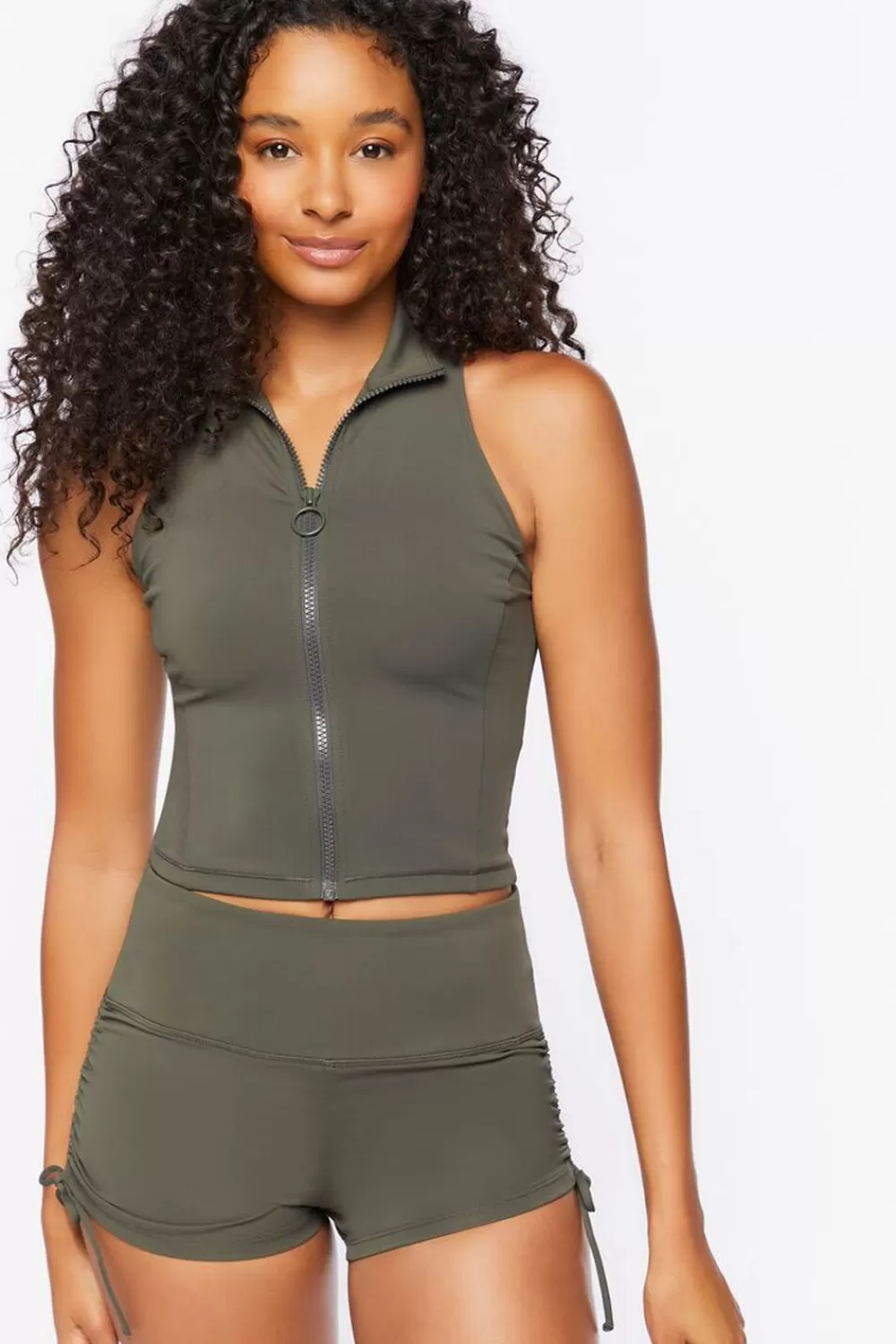 Matching Sets>Forever 21 Active Mock Neck Zip-Up Crop Top Cypress