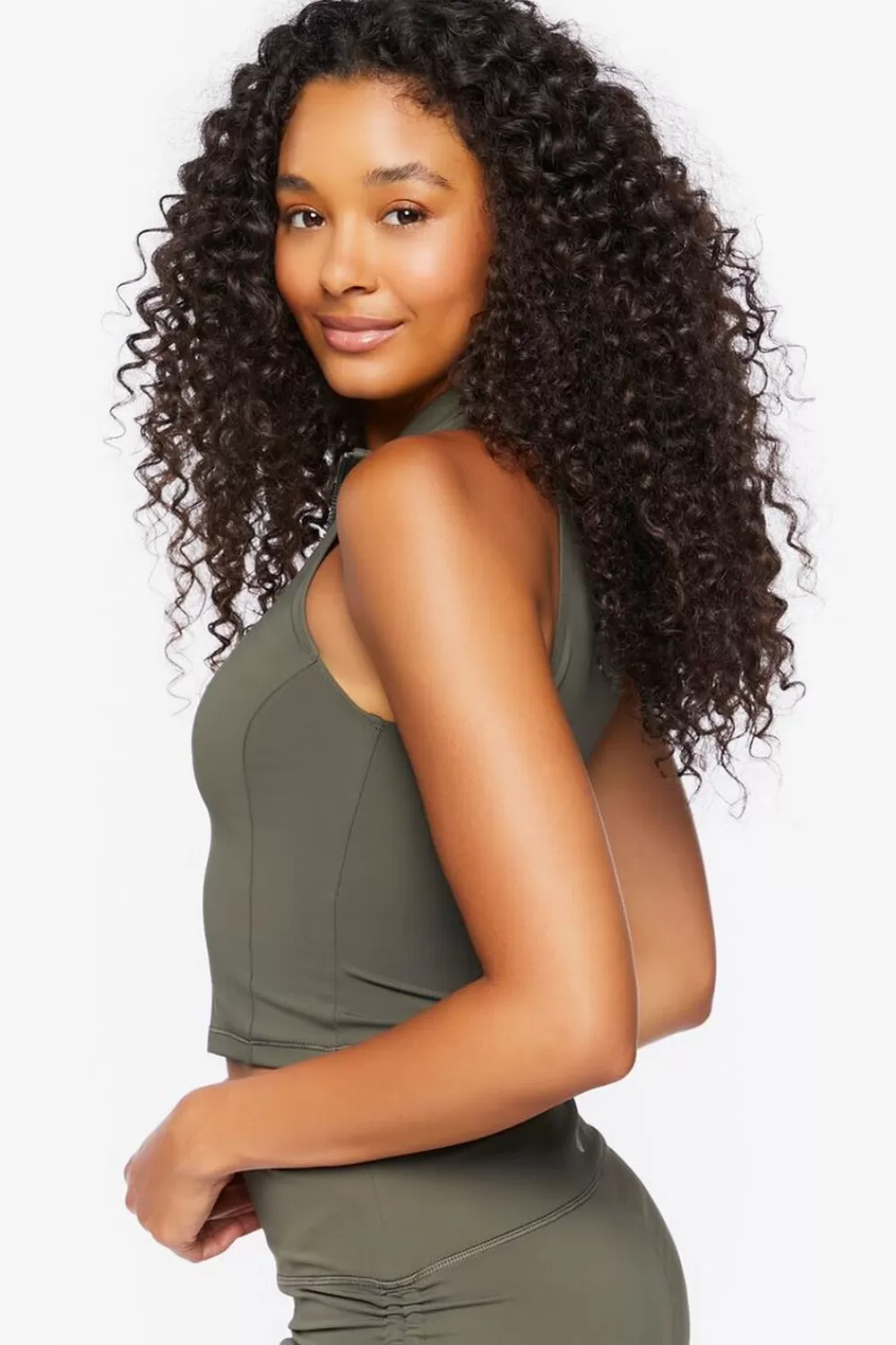 Matching Sets>Forever 21 Active Mock Neck Zip-Up Crop Top Cypress