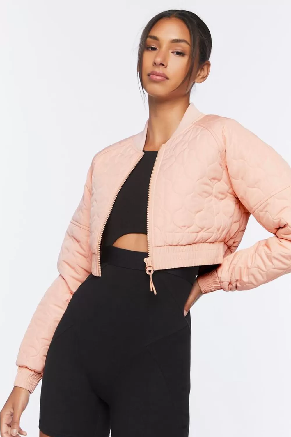 Jackets + Outerwear>Forever 21 Active Quilted Bomber Jacket Blush