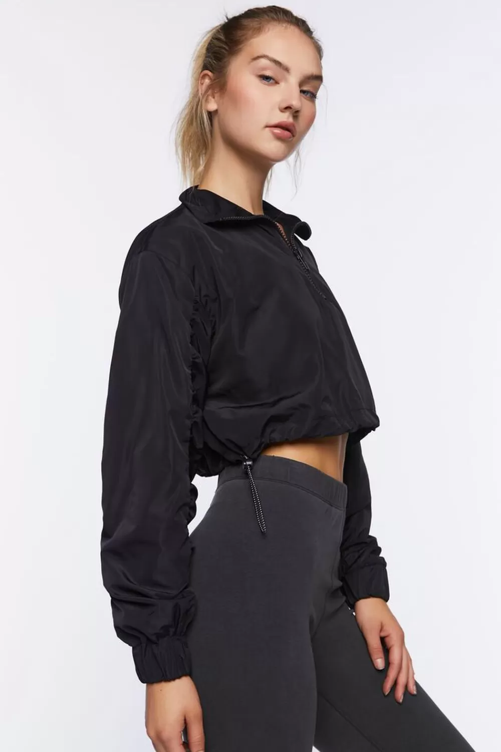 Jackets + Outerwear>Forever 21 Active Ruched-Sleeve Windbreaker Black