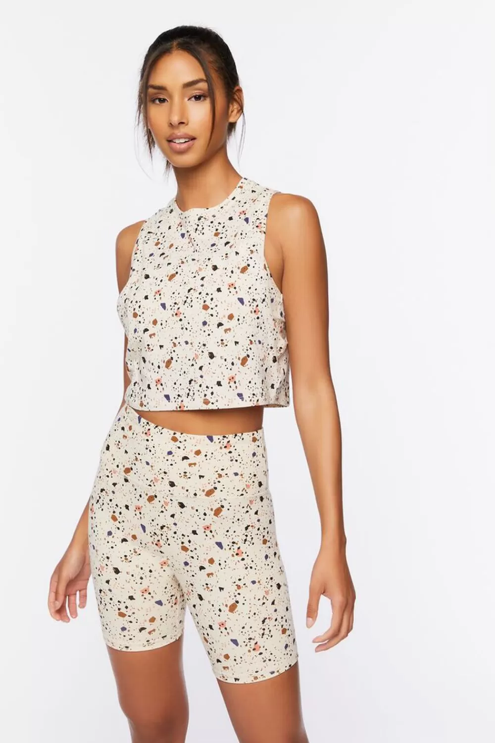 Bottoms>Forever 21 Active Terrazzo Print Biker Shorts Tan/Multi