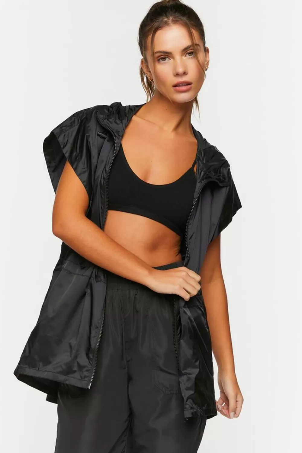 Jackets + Outerwear>Forever 21 Active Windbreaker Hooded Vest Black