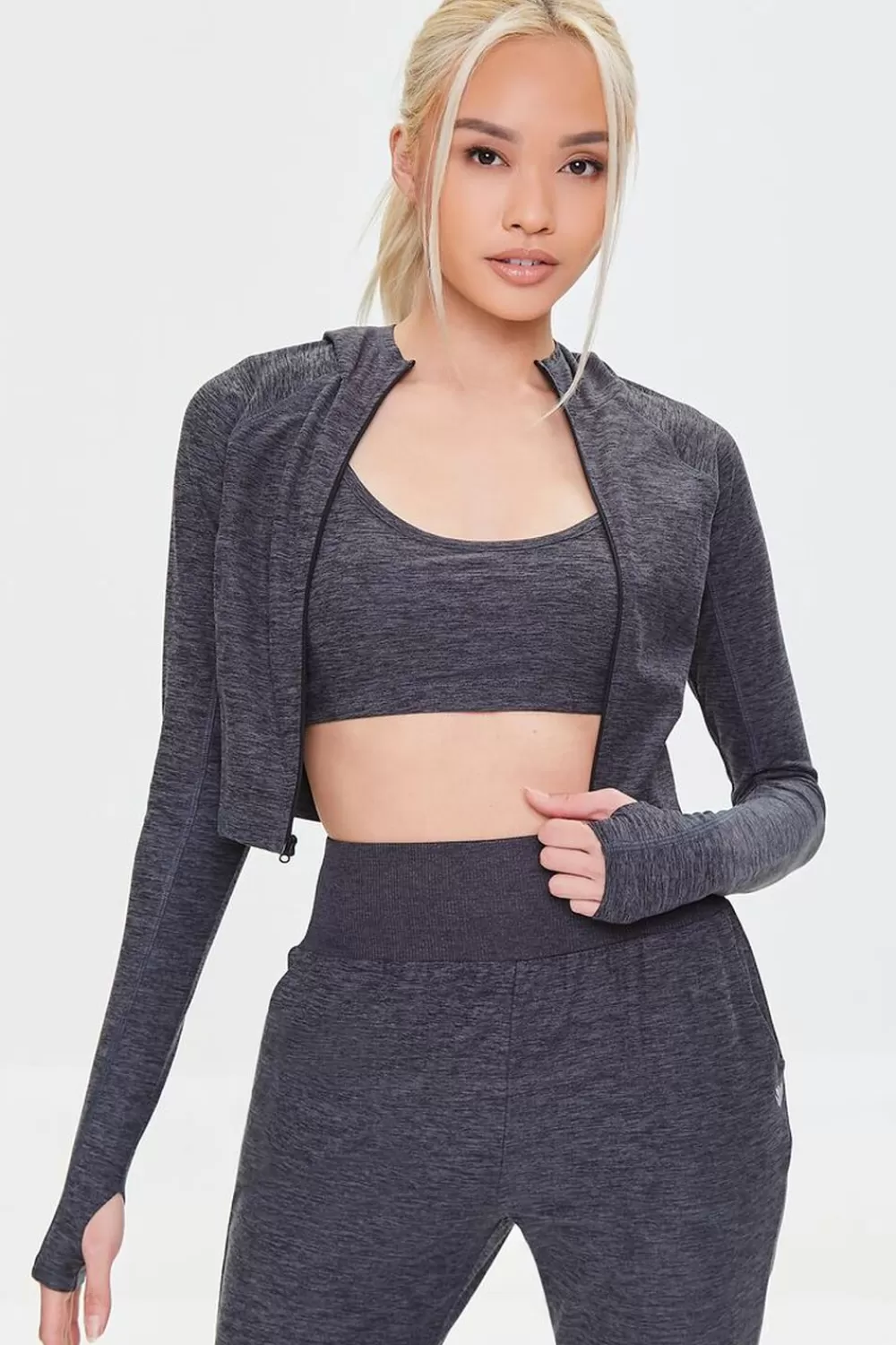 Jackets + Outerwear>Forever 21 Active Zip-Up Cropped Hoodie Black