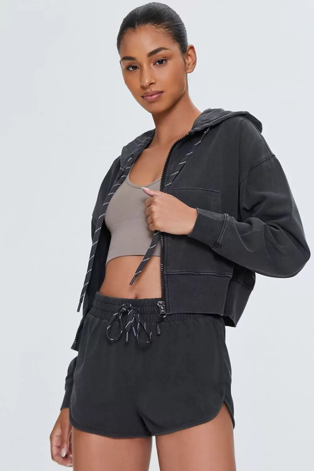 Jackets + Outerwear>Forever 21 Active Zip-Up Cropped Hoodie Black