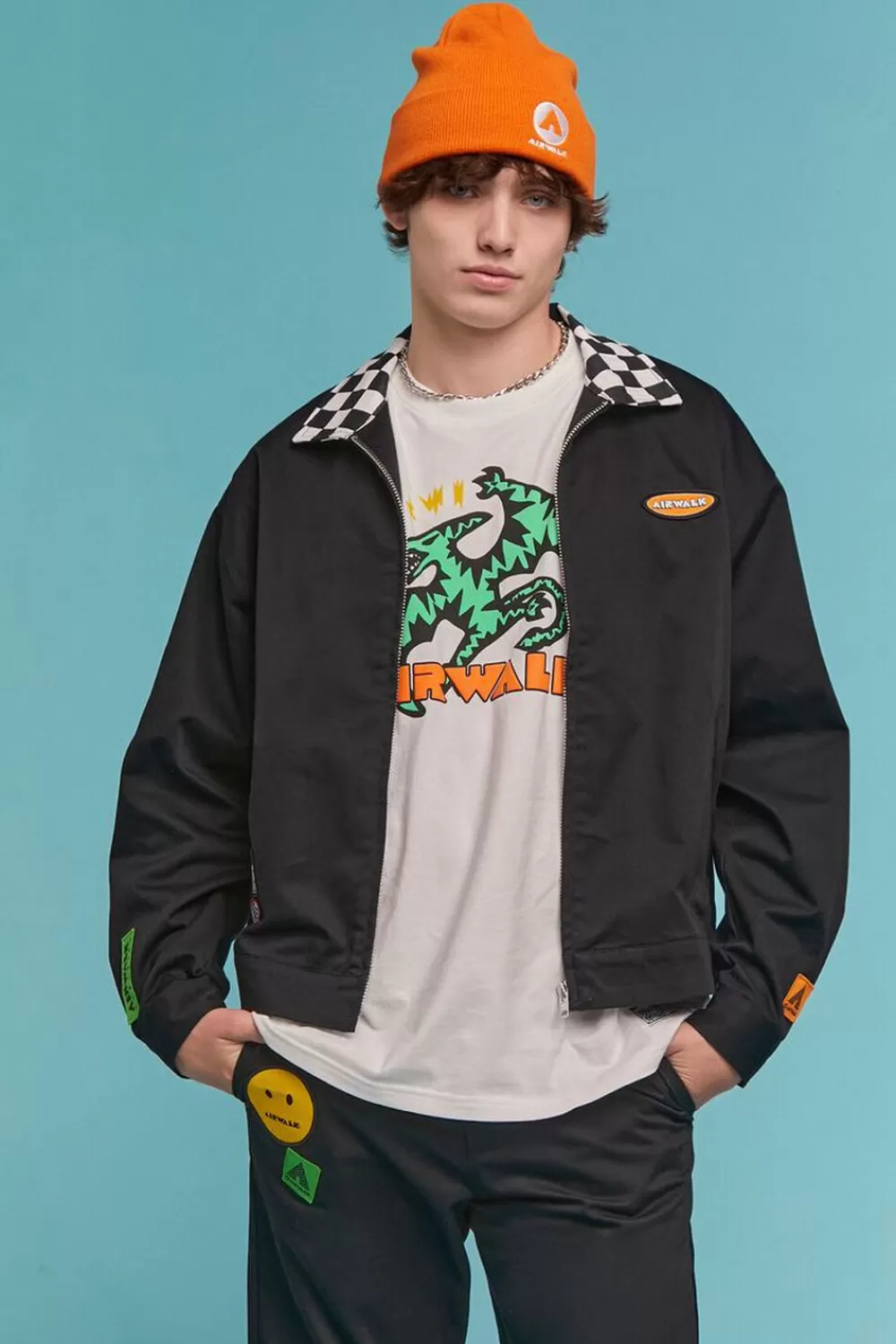 Jackets + Outerwear>Forever 21 Airwalk Checkered Patch Jacket Black/Multi