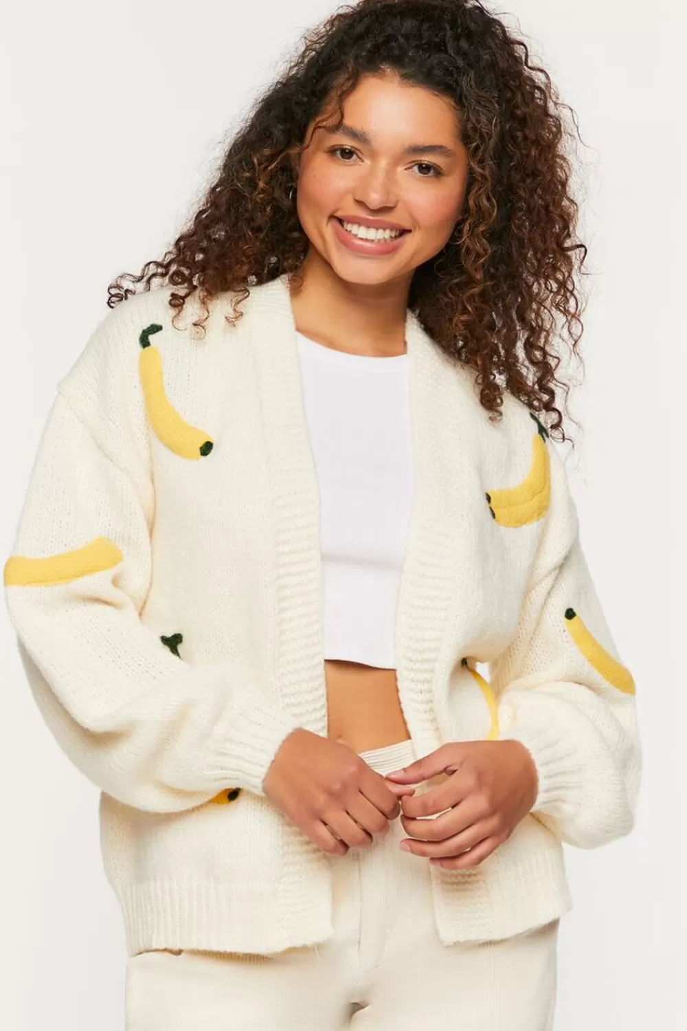 Forever 21 Banana Print Open-Front Cardigan Sweater | Women Tops
