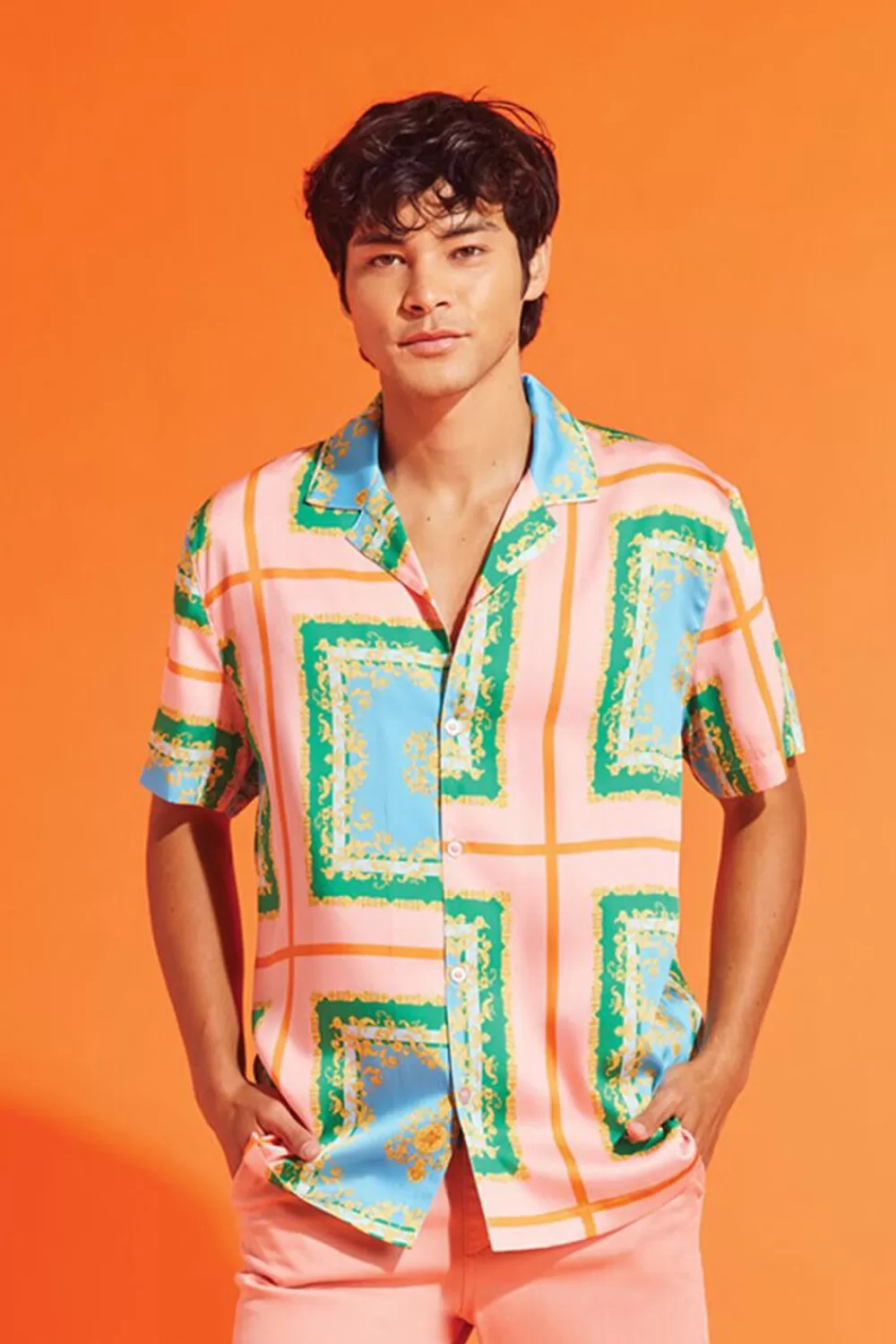 Tops>Forever 21 Baroque Print Short-Sleeve Shirt Aqua/Multi