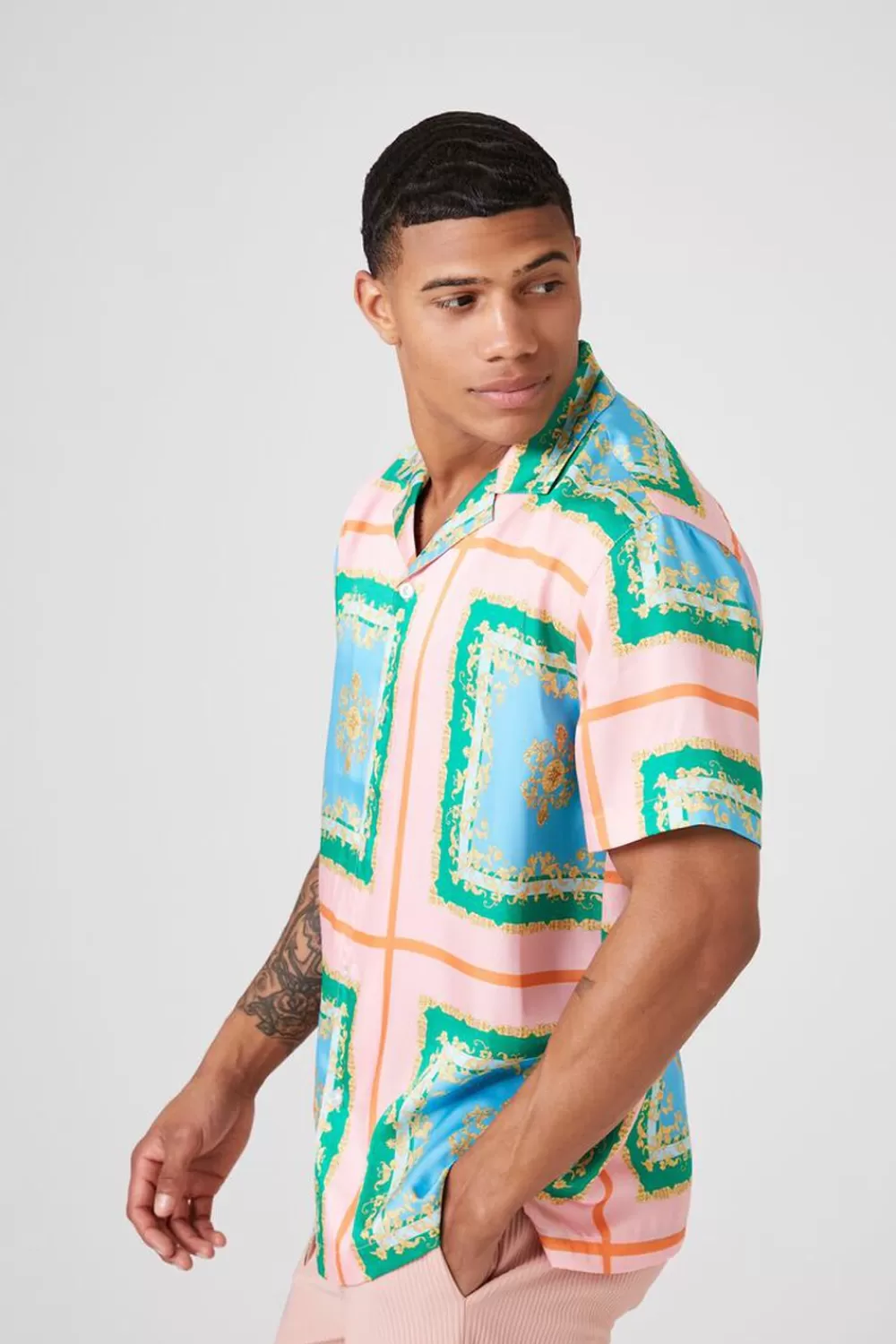 Tops>Forever 21 Baroque Print Short-Sleeve Shirt Aqua/Multi