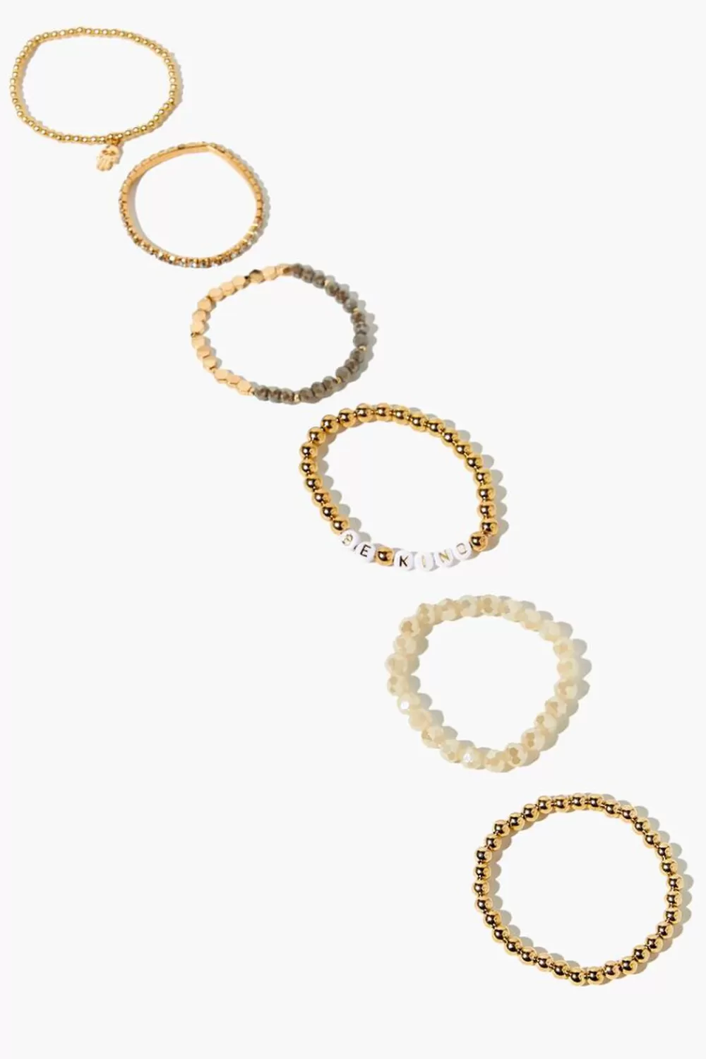 Bracelets>Forever 21 Be Kind Beaded Bracelet Set - 6 Pack Gold/Cream