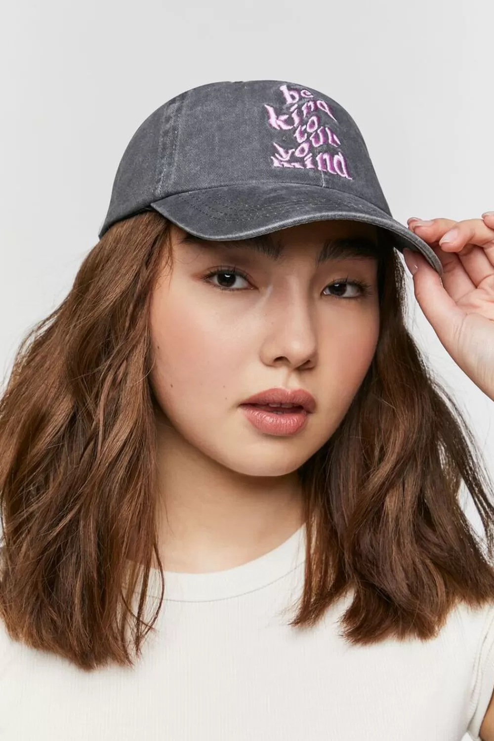 Hats + Beanies>Forever 21 Be Kind To Your Mind Baseball Cap Charcoal/Pink