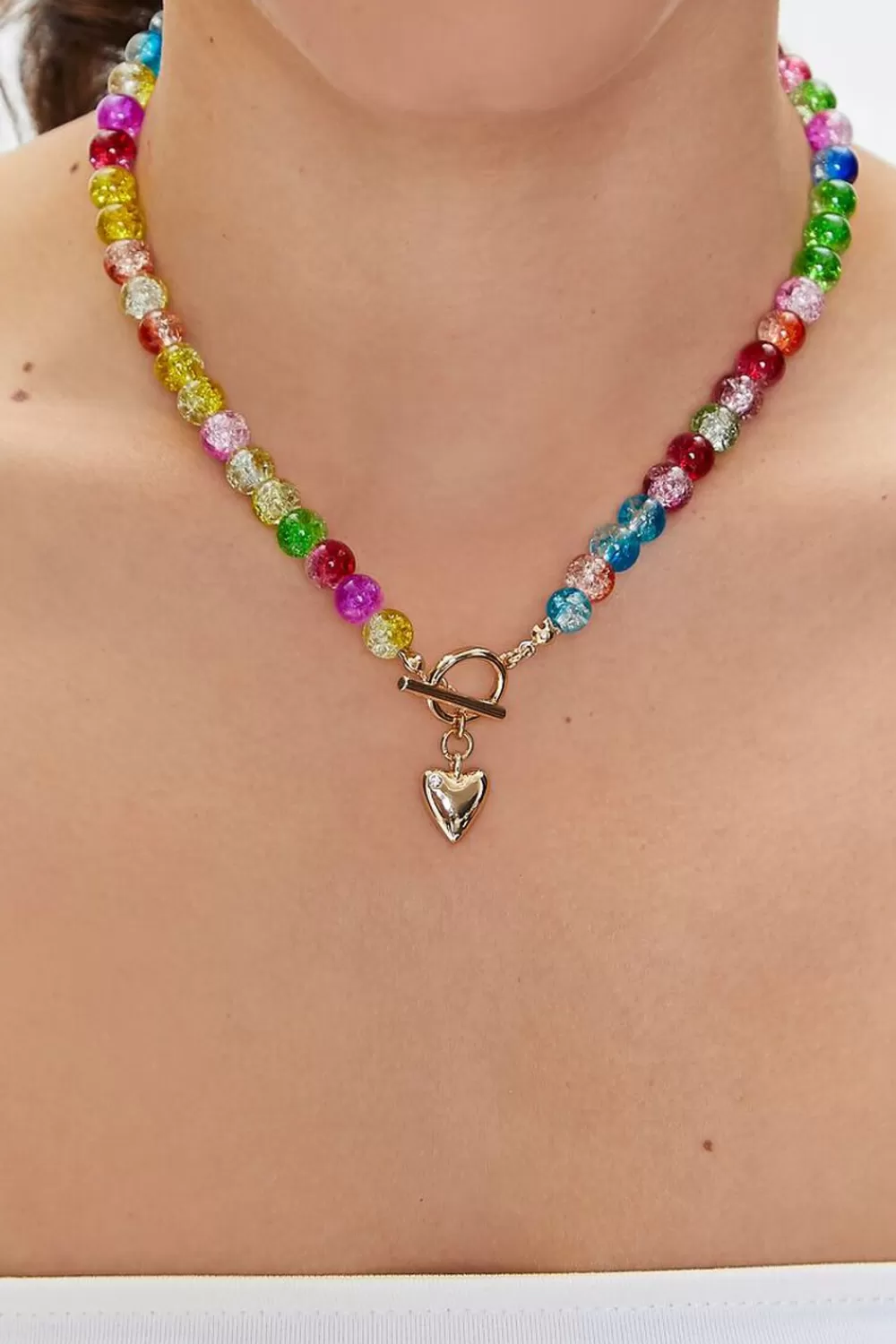 Necklaces>Forever 21 Beaded Heart Charm Toggle Necklace Gold/Multi