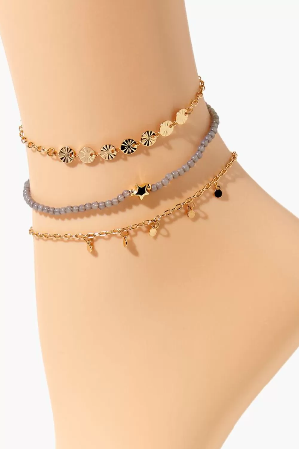 Body Jewelry>Forever 21 Beaded Star Anklet Set Gold