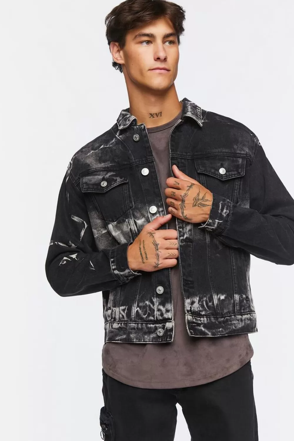 Jackets + Outerwear>Forever 21 Bleach Dye Trucker Jacket Black/White