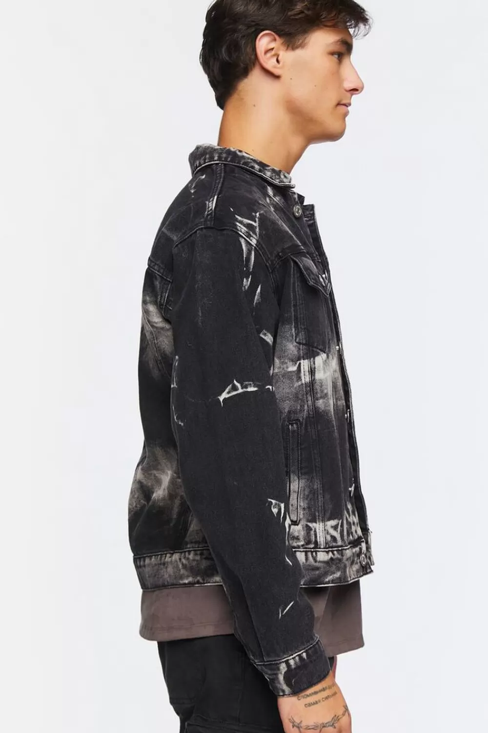 Jackets + Outerwear>Forever 21 Bleach Dye Trucker Jacket Black/White