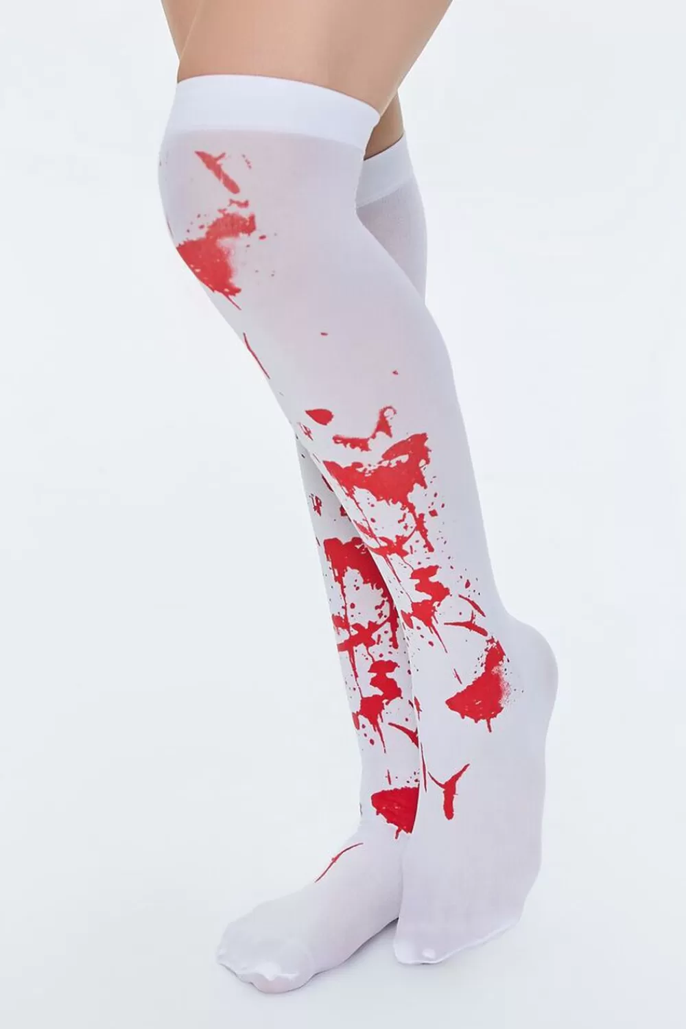 Socks + Tights>Forever 21 Blood Print Over-The-Knee Socks White