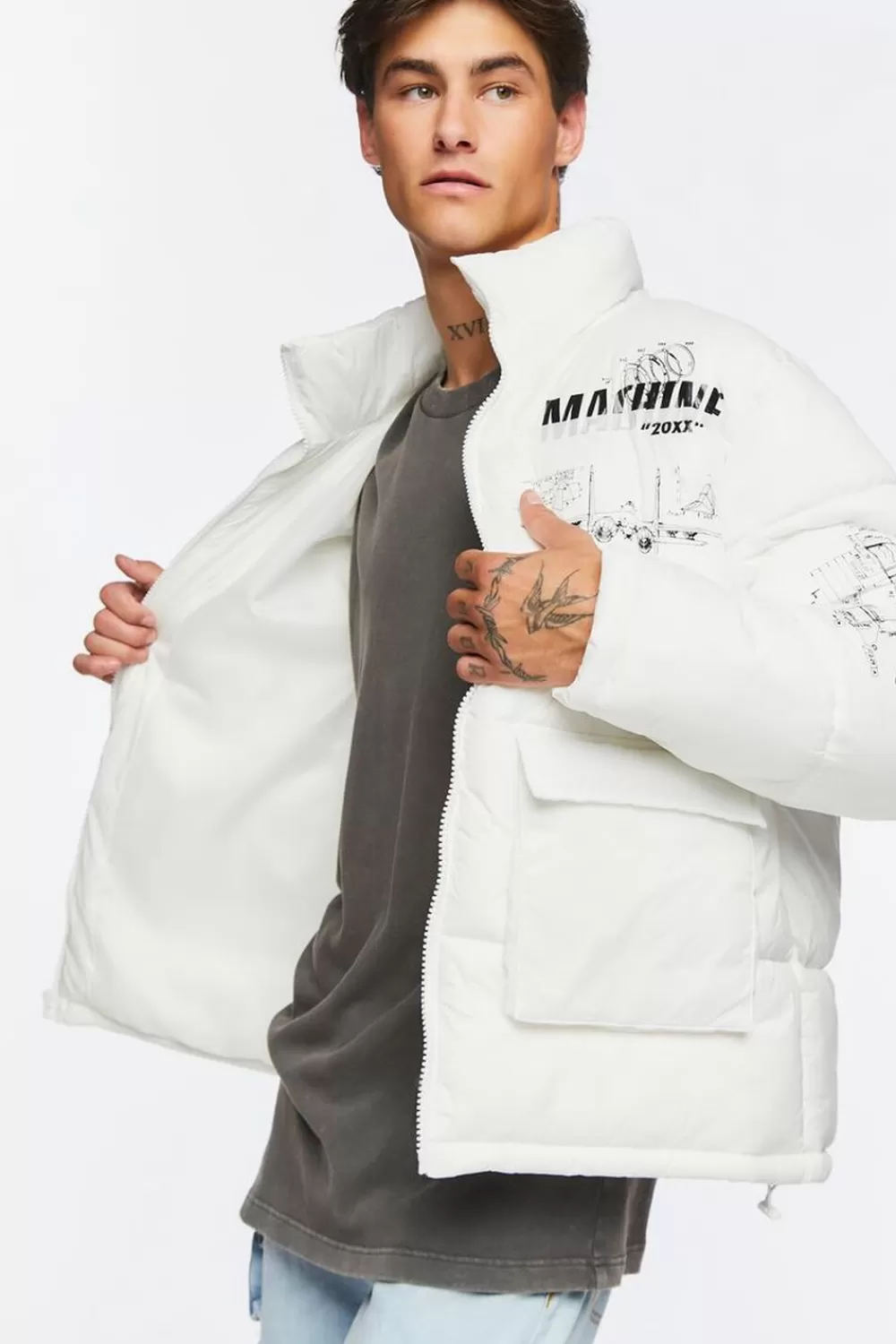 Jackets + Outerwear>Forever 21 Blueprint Graphic Puffer Jacket White/Black
