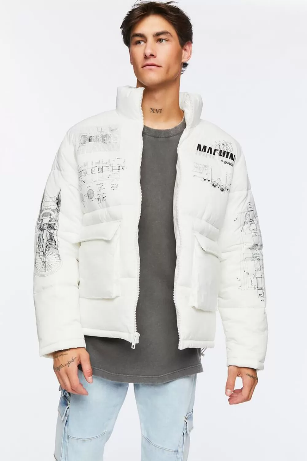 Jackets + Outerwear>Forever 21 Blueprint Graphic Puffer Jacket White/Black