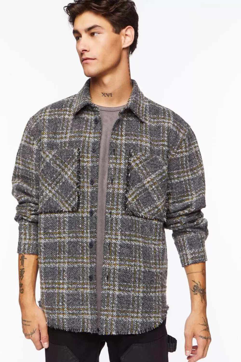 Tops>Forever 21 Boucle Plaid Shirt Grey/Multi
