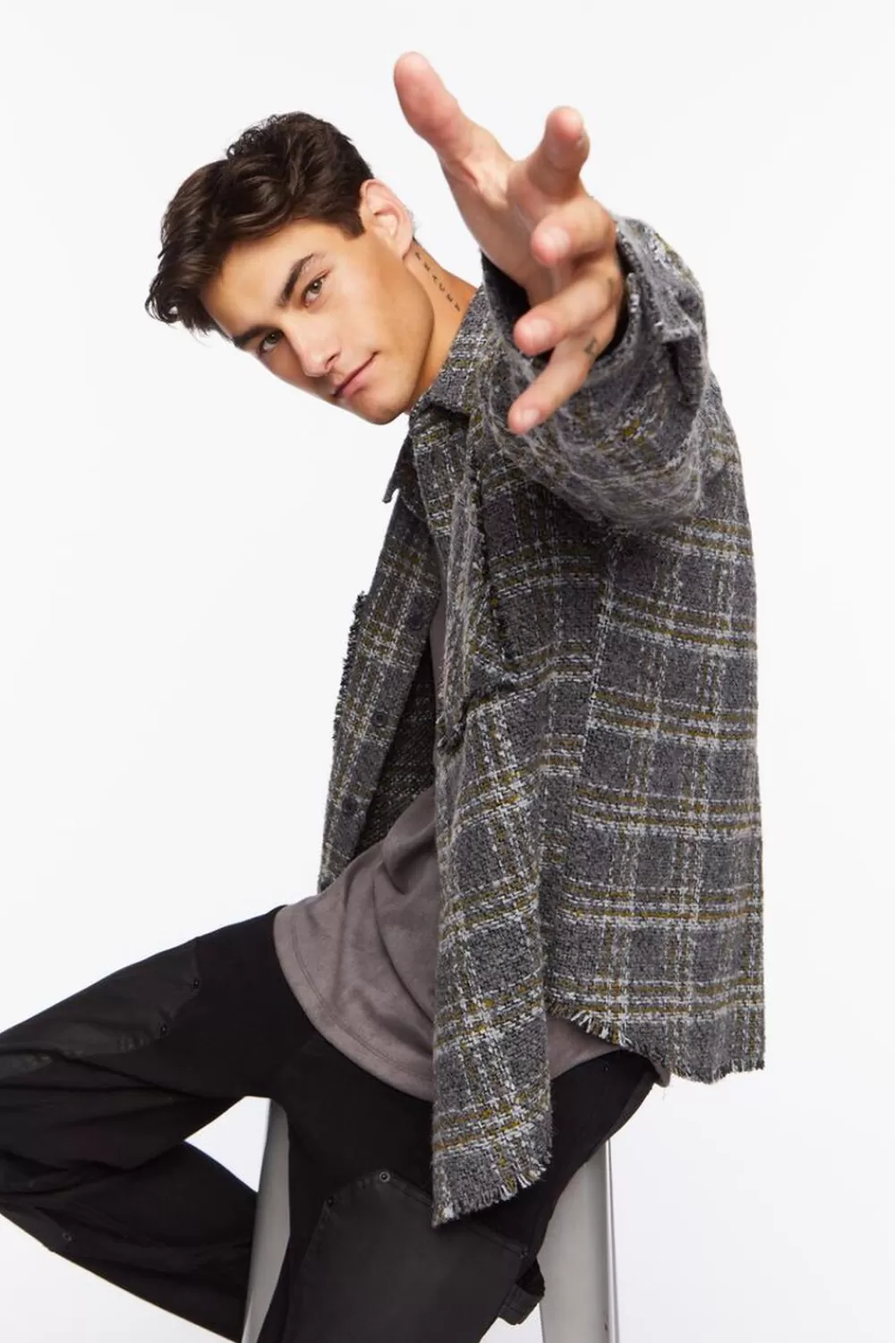 Tops>Forever 21 Boucle Plaid Shirt Grey/Multi