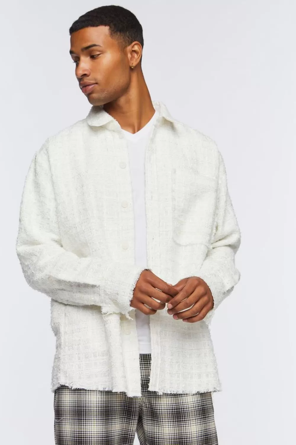 Tops>Forever 21 Boucle Pocket Shirt Cream