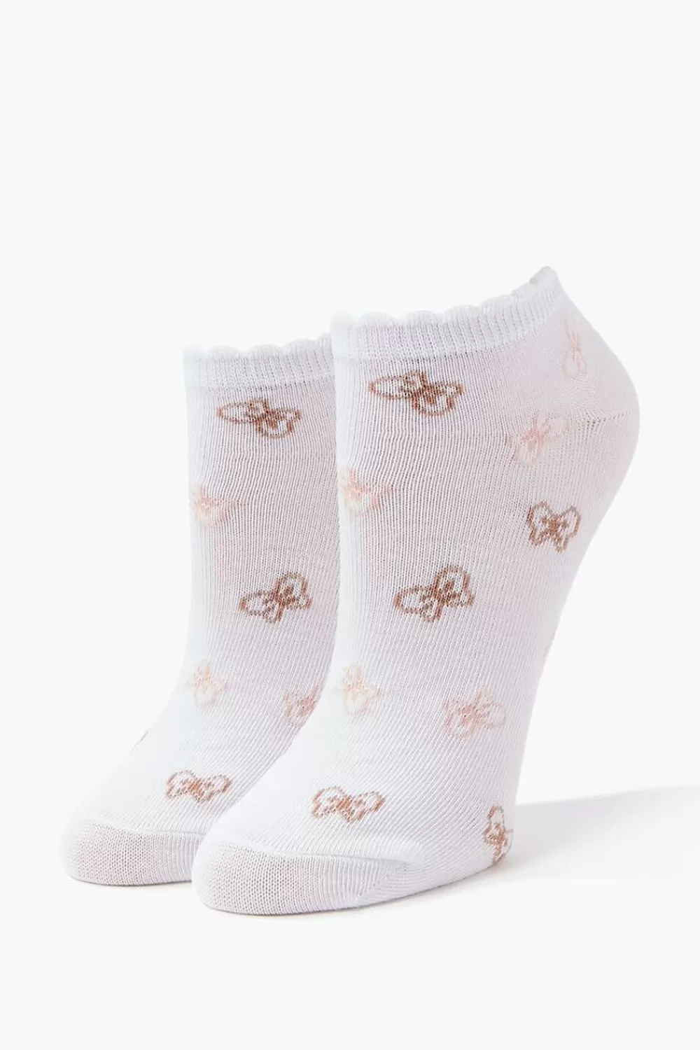 Socks + Tights>Forever 21 Bow Print Scalloped-Trim Ankle Socks White/Multi