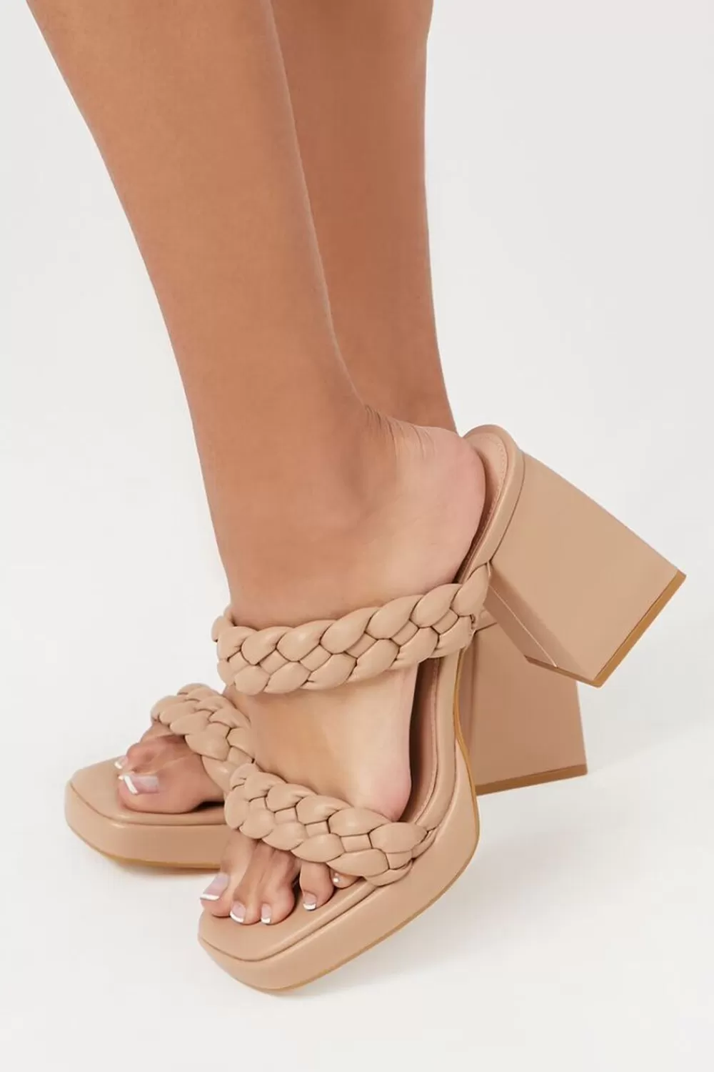 Heels>Forever 21 Braided Open-Toe Block Heels Nude