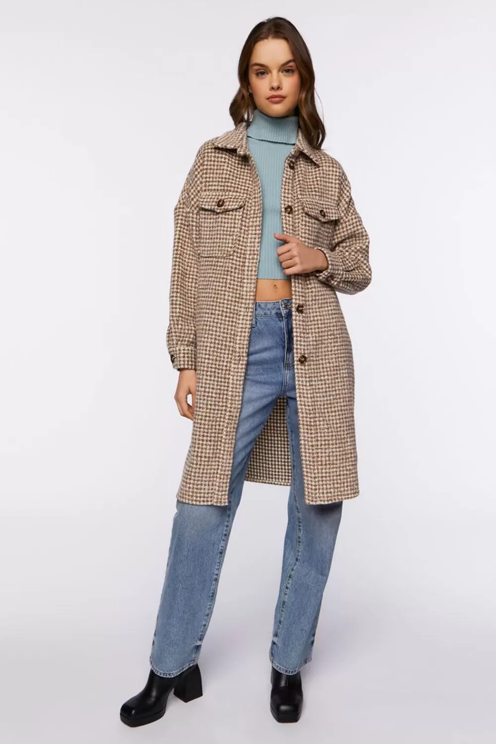 Jackets + Outerwear>Forever 21 Brushed Houndstooth Longline Shacket Brown/Cream