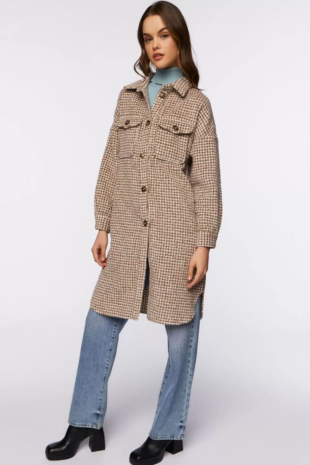 Jackets + Outerwear>Forever 21 Brushed Houndstooth Longline Shacket Brown/Cream