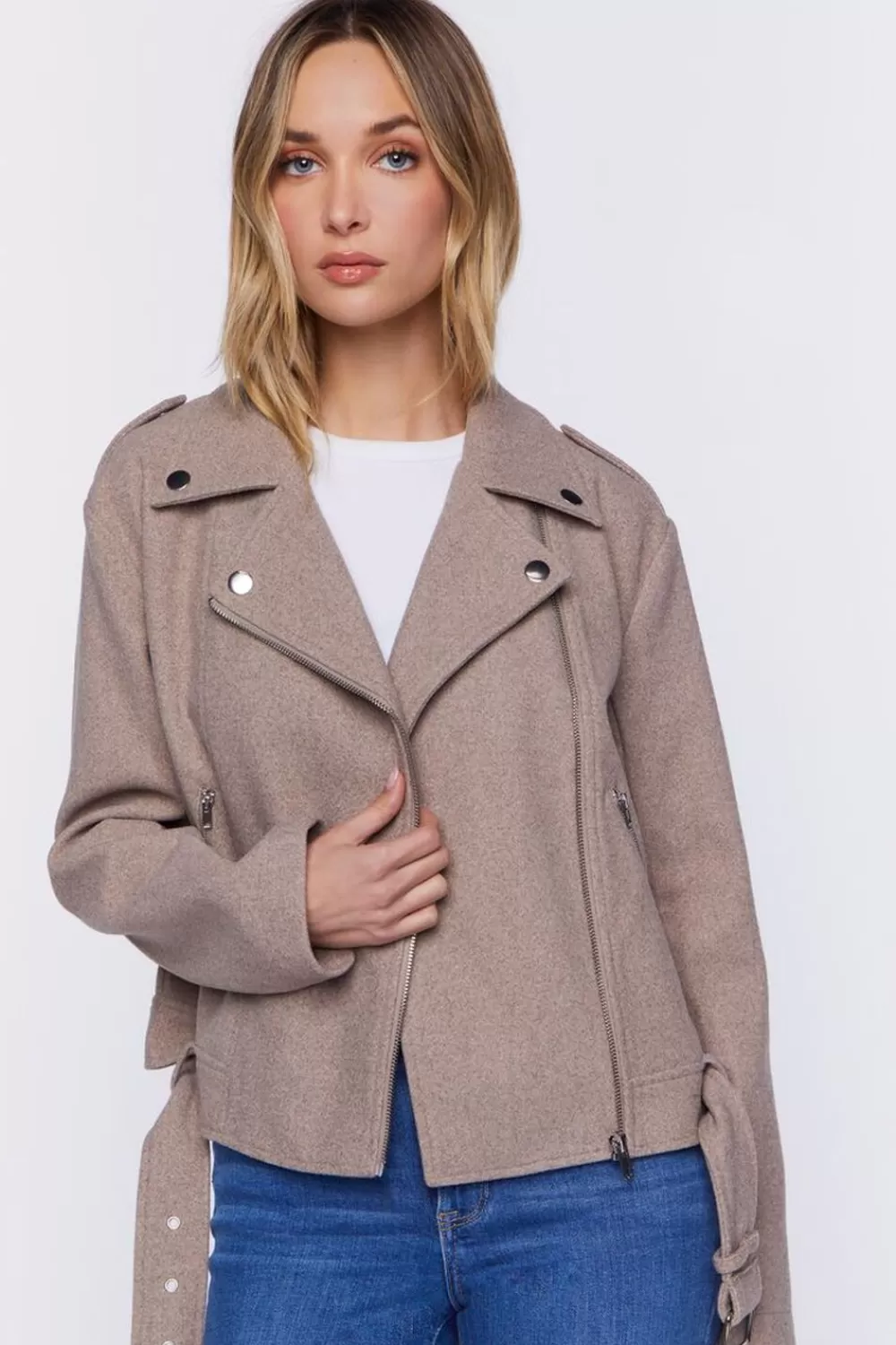 Jackets + Outerwear>Forever 21 Brushed Moto Jacket Taupe