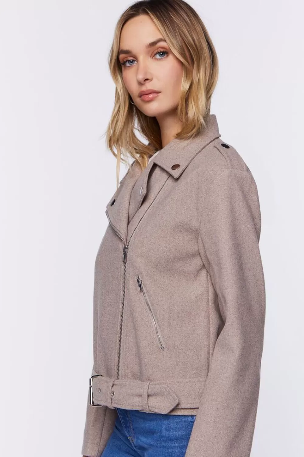 Jackets + Outerwear>Forever 21 Brushed Moto Jacket Taupe