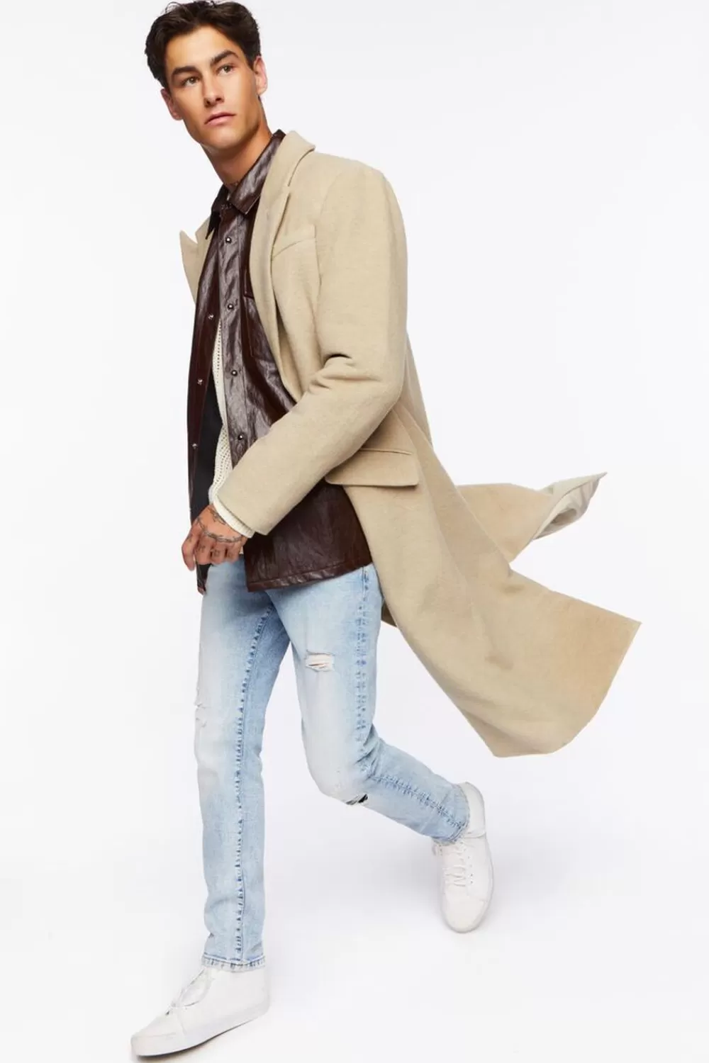 Jackets + Outerwear>Forever 21 Brushed Notched Longline Coat Oatmeal