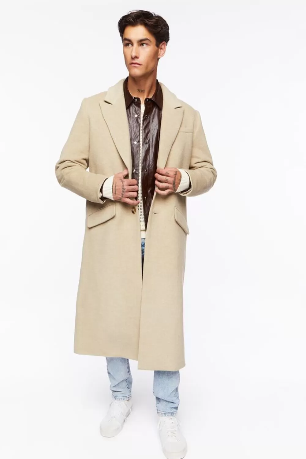 Jackets + Outerwear>Forever 21 Brushed Notched Longline Coat Oatmeal